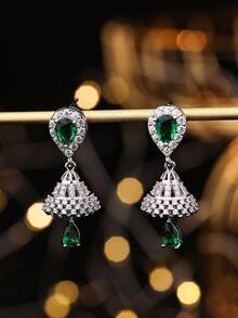 1 par de lujosos pendientes de cobre con forma de lágrima y circonita cúbica, un elegante y versátil jhumki con borlas, ideal para uso diario, festivales, bodas y fiestas. Ideal como regalo de joyería. - multicolor - Ver 4