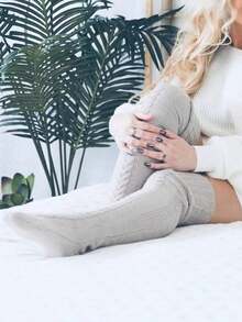 1双针织保暖纯色过膝袜，女士加厚秋冬袜，舒适保暖 - 灰色 - 查看 4