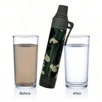 Draagbare noodfilter met rietje voor overleving in de buitenlucht, drinkwaterzuiveraar, nooduitrusting voor overleving in de buitenlucht; Draagbare filter met rietje voor waterzuivering in de buitenlucht, noodwaterfilter voor kamperen; noodzuiveraar voor drinkwater direct in de buitenlucht; sterilisatiefilter voor één soldaat, waterabsorptieapparaat.