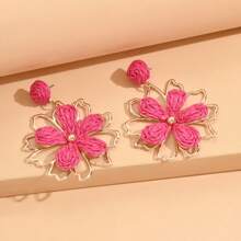 1 Pair Versatile Raffia Hollow Flower Straw Earrings, Casual Resort Style, Colorful Woven Floral Pendant Earrings, Fashionable & Unique, Suitable For Women Daily Wear & Holiday