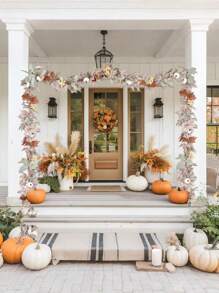 1 pieza Corona de otoño de arce y calabaza de 6 pies, corona colgante de arce blanco artificial con hojas de otoño, adecuada para decoración de interiores y exteriores, fiestas familiares, bodas, Halloween, Acción de Gracias, decoración de chimeneas, cenas de boda, duradera y reutilizable