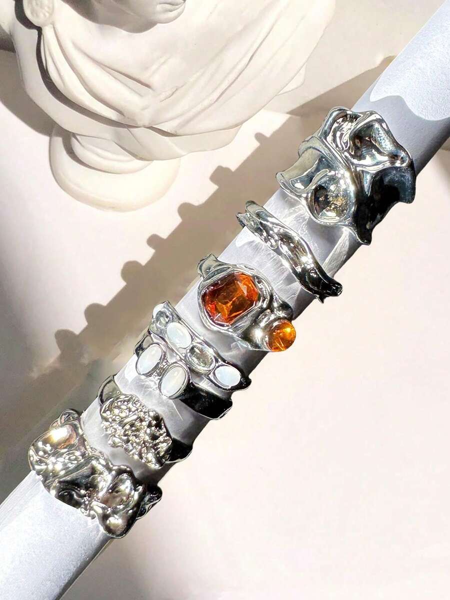 Bộ 7 chiếc nhẫn đá quý Zirconia hình học bạc thanh lịch cổ điển thời trang dành cho nữ, trang sức mùa thu/đông - Nhiều màu - Xem 1