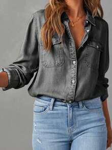 Women's Long Sleeve Jean Shirts Button Down Blouses Denim Shirt Business Casual Loose Tops Streetwear - Màu xám đen - Xem 2
