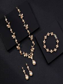 A Set Of 4 Pieces/Pieces Of Fashionable And Elegant Alloy Rhinestone Glass Necklace, Earrings And Bracelet Jewelry, Suitable For Women's Weddings, Banquets, Balls And Parties