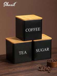 shoxil 3个带竹盖的密封咖啡储物罐 - 方形金属展示罐，适用于咖啡豆、茶叶、零食和干货，厨房橱柜收纳（3件套）