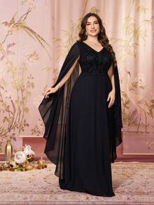 SUPGIR Plus Women's V-Neck Sequin Patchwork Floating Piece Sleeve Slim-Fitting Chiffon Elegant Evening Dress