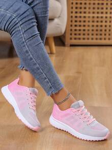 女士透气网眼系带运动鞋，柔软弹性鞋底，户外跑步鞋 - 粉色 - 查看 2
