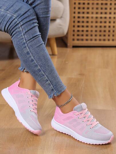女士透气网眼系带运动鞋，柔软弹性鞋底，户外跑步鞋