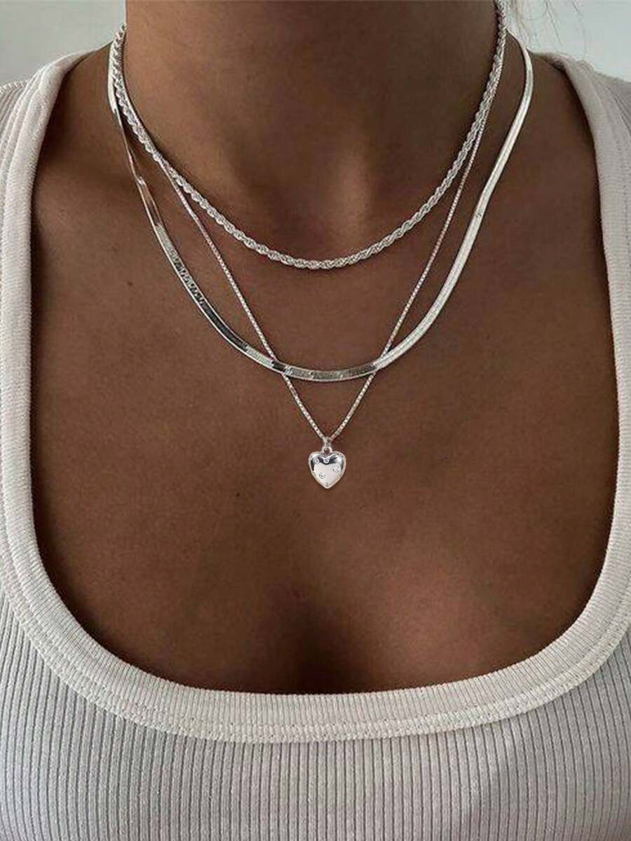 3pcs Luxury Twist Rope Chain Necklace Set With Heart Pendant, Suitable For Women To Wear In Summer Vacation - Silver - View 1