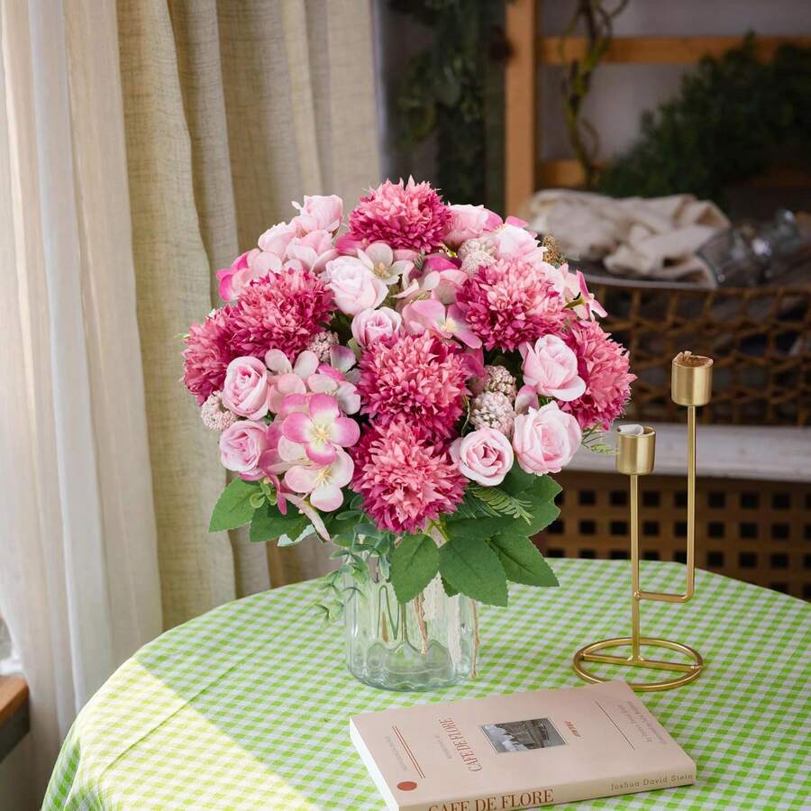 1/2/3PCS 11.81in Artificial Rose Flowers Bouquet, French Retro Rose,Ball Chrysanthemum, Small Daisies, Autumn Decor,Summer Decor, Fall Decor, Birthday Party, Party, Decoration, Wedding Flower Basket, Bride Holding Flowers, Home Decoration, Dining Room, Bedroom, Windowsill, Vase Decoration, Valentine's Day, New Year Decoration, Outdoor Garden, Start Of School Season - Hot Pink - View 1