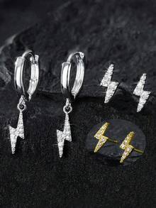 1 Pair Punk Minimalist Zirconia Lightning Stud Earrings, Hypoallergenic Fashion Unisex Earrings, Suitable For Christmas, Jewelry Gifts, Parties, New Year, Valentine's Day - Silver - View 12