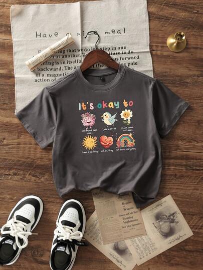 少女学生休闲印花深灰色圆领短袖T恤上衣，夏季款