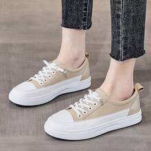 Breathable Genuine Leather Shoes Women, Versatile Sneakers, Flat Sole, Sports Casual Soft Sole, Thick Sole Women - 杏色 - 查看 1