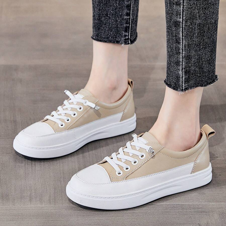 Breathable Genuine Leather Shoes Women, Versatile Sneakers, Flat Sole, Sports Casual Soft Sole, Thick Sole Women - 杏色 - 查看 1