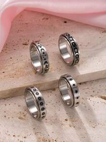 4pcs Women Stainless Steel Vintage Coin Rotatable Stress Relief Ring Set, Stars, Moons, Flowers, Versatile Matching, Suitable For Men & Women, Daily Wear, Holiday, Date Gift Jewelry