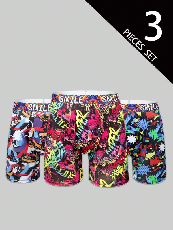 3Pcs Men'S Colorful Graffiti Cartoon Long-Leg Boxer, Men Lingerie,Pajamas,Men Underwear,Soft And Comfortable Lining, Suitable For Daily Wear And Gatherings