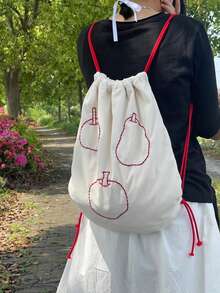 返校大红苹果学生背包，小众设计米色抽绳书包，百搭可爱，适合日常外出，适合大学生和高中生 - 米色 - 查看 2