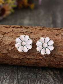 Cross-Border Vintage Western Style Turquoise Earrings, New Alloy Ear Studs With Turquoise Flower Design, Popular In Europe And America Valentines,Mom,Mother,Mother's Day,Gift - Silver - View 8