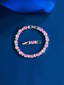 1条非常华丽的粉色立方氧化锆水晶订婚日常派对链网球手链，女士婚礼新娘珠宝礼物 - 粉色 - 查看 10