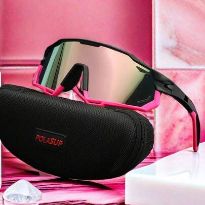  1 pieza Gafas de ciclismo polarizadas POLASUP, con marco hueco oversize a prueba de viento para ciclismo, deportes al aire libre, senderismo (el set de regalo incluye estuche de EVA, paño de limpieza, correa para gafas)