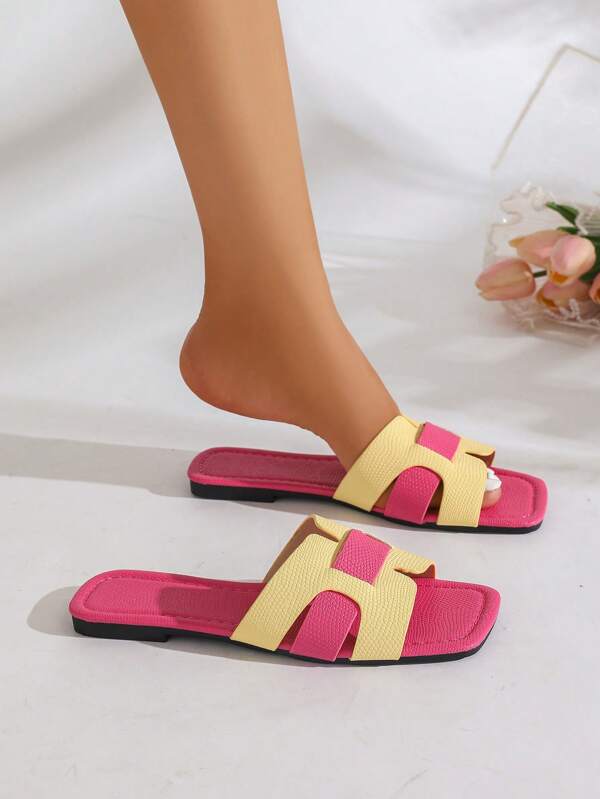 [AFBC-Gem] Pink Yellow Color Block Sandals Women - Princess Style Summer Slides Thin Sole H-Strap Design Non-Slip Lightweight Comfortable Beach Shoes For Outdoor. Cute Birthday Gift For Best Friend.