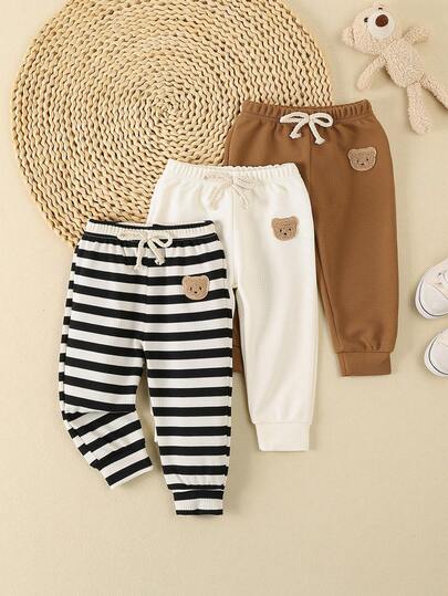 3 件套男童/女童刺绣熊和条纹纯色裤子，有弹性，温暖，柔软，休闲，百搭，适合春秋季，室内和室外