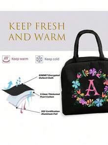 1pc Insulated Bag, Insulated Lunch Bag, With Colored Floral Initials A-Z, School Refrigerated Box, Handbag, Lunch Box, Ice Pack, Picnic Food Handbag, Floral Letter Patterned Lunch Box, Canvas Lightweight Portable Lunch Storage Bag, School Office Picnic Lunch Tote Bag (Black) Lunch Bag For Women Cooler Bag - Black - View 6