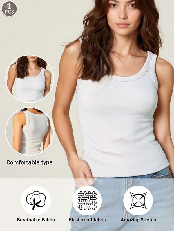 1 pieza Camiseta de tirantes acanalada blanca, uso casual y sencillo diario, modelo ajustado con cuello redondo
