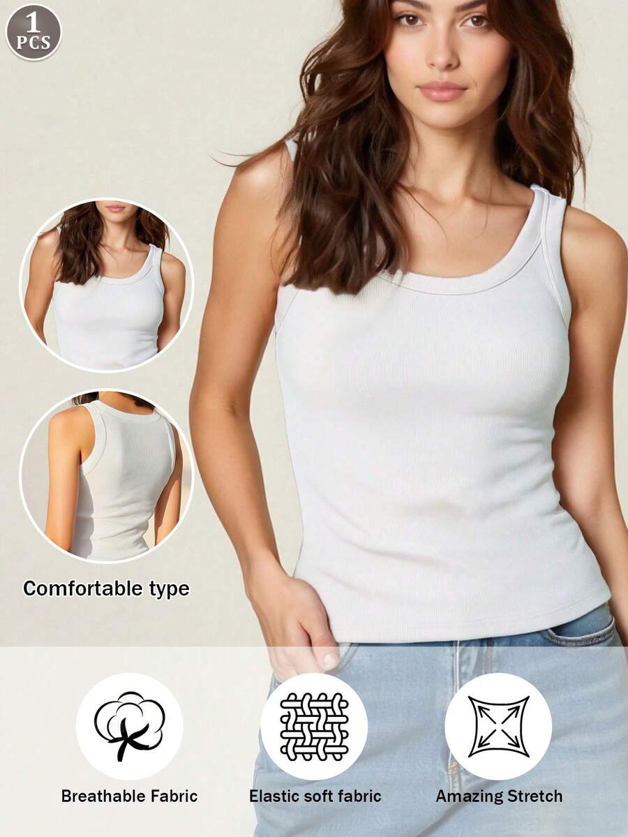 1 件白色无袖罗纹背心，休闲简约日常穿着和家居合身圆领吊带背心