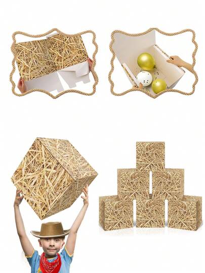 2 pezzi/1 pezzo - Balle di fieno per scatole decorative, decorazioni per feste western cowboy, fattoria, scatole in stile fattoria, sacchi di paglia impilati, regali in cartone, accessori per photobooth, centrotavola per feste di rodeo, festa di nascità, compleanni, forniture per fattoria, accessori per photobooth western cowboy, regali di compleanno