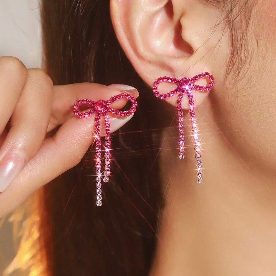 Bow Earrings For Women Rhinestone Long Tassel Earrings Ribbon Bow Drop Earring Silver Stainless Steel Dangle Earrings Cute Sparkly Jewelry - 玫紅色 - 查看 1