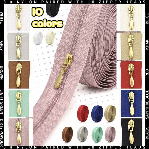 Set: 177.16 pulgadas de cremallera + 10 tiradores de cremallera, cremallera de color #3 con 10 tiradores, multicolor, adecuado para bolsas, mochilas, textiles para el hogar, reemplazo para coser