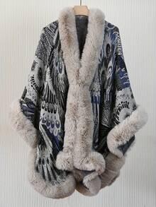 Xale Poncho Tricotado com Design de Pena de Pavão Elegante, Novo, Quente, Confortável e Respirável, Xale Grosso Vintage para Outono/Inverno, Combinado com Borda de Pele Sintética Macia para Vestido