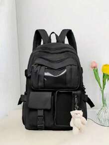 双色经典背包字母贴片，可爱校园风：可爱尼龙背包，带徽章和配件，不含卡片