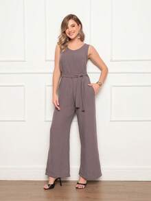 Women's Sleeveless Long Jumpsuit With High Waist Tie Belt And Side Pockets – Elegant And Comfortable - Chỉ huy - Xem 5