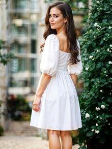 Vestido Corto de Escote Cuadrado con Manga Abullonada Casual para Mujer - Blanco - Ver 2