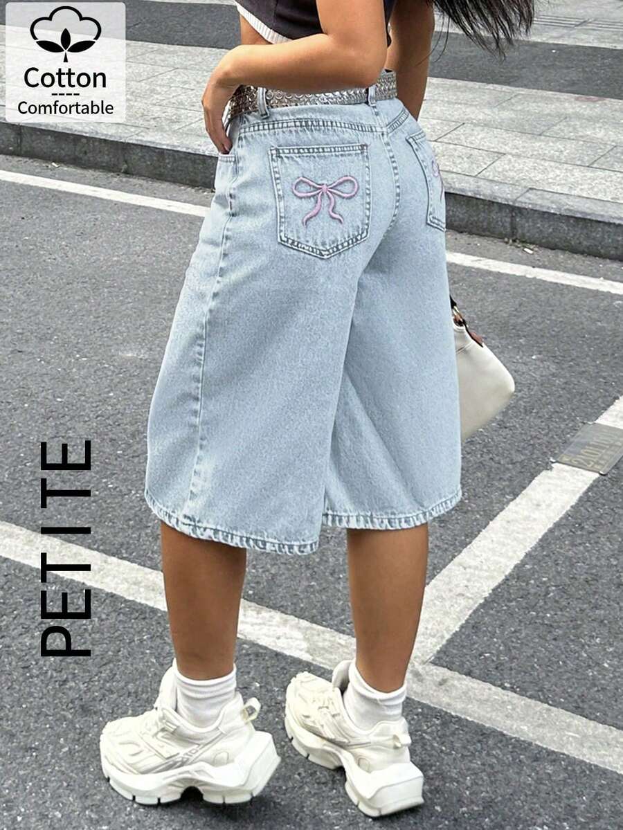 PETITE Women's Y2K Loose Fit Wide Leg Seven-Point Denim Jeans Pants With Butterfly Embroidery Pockets - Light Wash - View 1