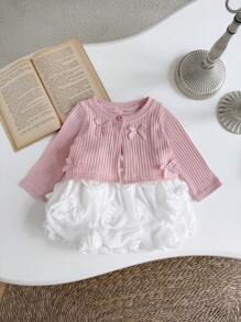 2pcs Baby Girls Sweet Headband Knit Cardigan & Rose Pattern Print Dress Set, Spring Autumn - Coral Pink - View 5