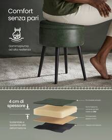 Sgabello, Pouf Contenitore, Rivestimento in PU con Cuciture, Moderno di Metà Secolo, Poggiapiedi Rotondo con Gambe in Acciaio, Portata di 150 kg, Verde Foresta - Verde - Visualizzare 4