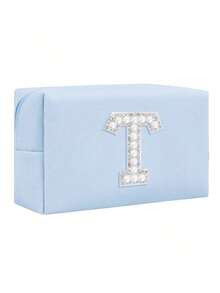 女士八角形化妆包，PU字母化妆包，便携式雪尼尔字母拉链化妆包，字母贴片PU皮革防水旅行洗漱包，字母组合化妆袋（字母A~Z），适合秋季家居装饰 - 藍色+珍珠字母 A-Z - 查看 33