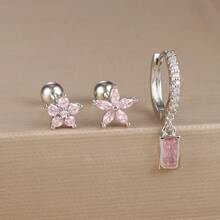 3pcs Square Pink Zirconia Flower Earrings Set For Women 18K Gold Plated Stainless Steel And Copper Helix Screw Cartilage Piercing Party Jewelry Accessories Valentines,Mom,Mother,Mother's Day,Gift