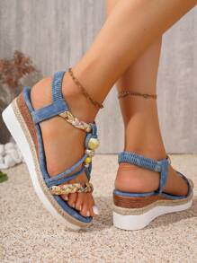 Women's Platform Sandals, Decorated With Big Pearls & Rhinestones, Bohemian Open Toe Thick Bottom Shoes. Paired With Elastic One-Push Design Mid-Heel Comfortable Thick Sole Wedge High Heel Lightweight Casual Woven Hemp Roman Sandals, Suitable For Summer