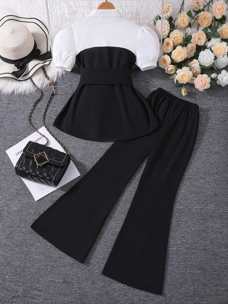 2pcs Girls' Lantern Sleeve Polo Collar Top & Wide Leg Pants Set, Casual/Party/Performance Outfit, Spring/Summer - Black - View 2