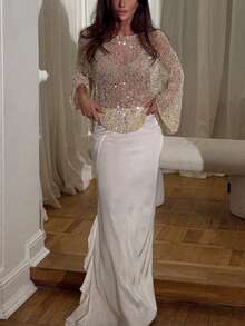 Yuwenier Sexy Hollow Out Sheer Sequin Embellished Crochet Cover-Up Batwing Long Sleeve Loose Fit Tops Rave Party Outfits For Women - Apricot - View 5