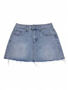 Y2K复古毛边牛仔迷你裙，女士高腰修身A字心形包臀裙，夏季设计，女士夏季连衣裙，夏季连衣裙，女士夏季服装，牛仔裙，休闲装 - 淺色水洗藍 - 查看 4