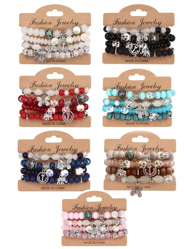 1pc Bohemian Style Multi-Color Beaded Bracelet For Women With Butterfly, Boat, Anchor And Elephant Shaped Alloy Pendants