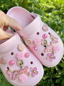 18pcs Pink Ballet Angel, Rose, Heart, Flower, Pearl Round Bow, Glitter Butterfly Detachable Decorative Accessories, Suitable For Sandals, Slippers, Clogs, Garden Shoes, Beach Shoes, All Season, Great Gift