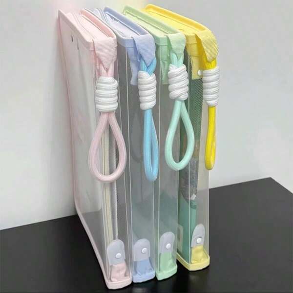 Macaron Color Transparent A4 File Bag, Large Capacity Zipper Document Bag With Handle, Waterproof Reinforced Stationery Organizer, Suitable For Students,School Supplies,Back To School