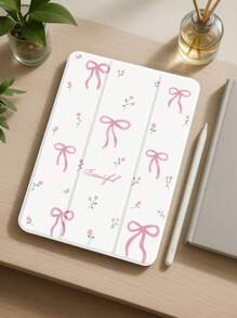 Beautiful Pink Letter Flower Bow Painted Pattern Transparent Silicone Shock-Absorbing Stand With Pen Slot, Suitable For Galaxy Tab A8 10.5, S6 Lite 10.4, S7/S8/S9Inch. It Supports Waking Up From Sleep As A Holiday Gift