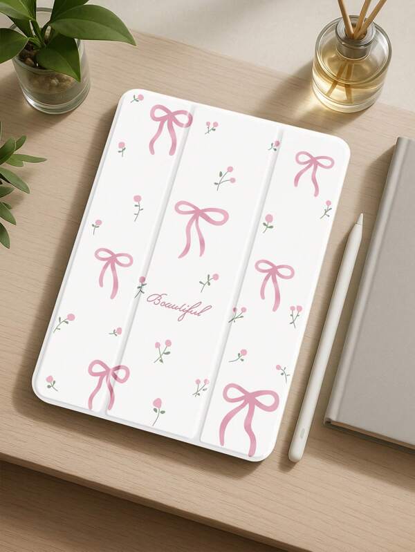 Beautiful Pink Letter Flower Bow Painted Pattern Transparent Silicone Shock-Absorbing Stand With Pen Slot, Suitable For Galaxy Tab A8 10.5, S6 Lite 10.4, S7/S8/S9Inch. It Supports Waking Up From Sleep As A Holiday Gift